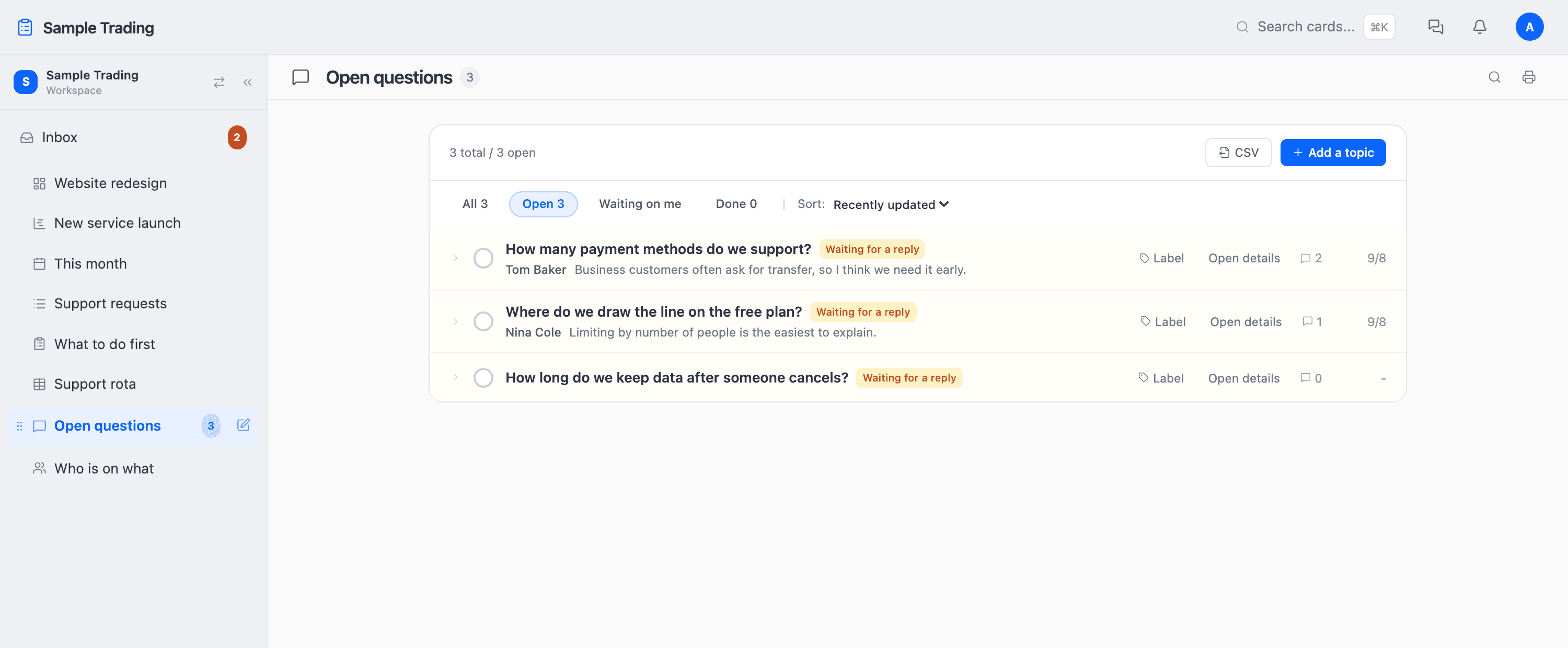 The discussion board screen
