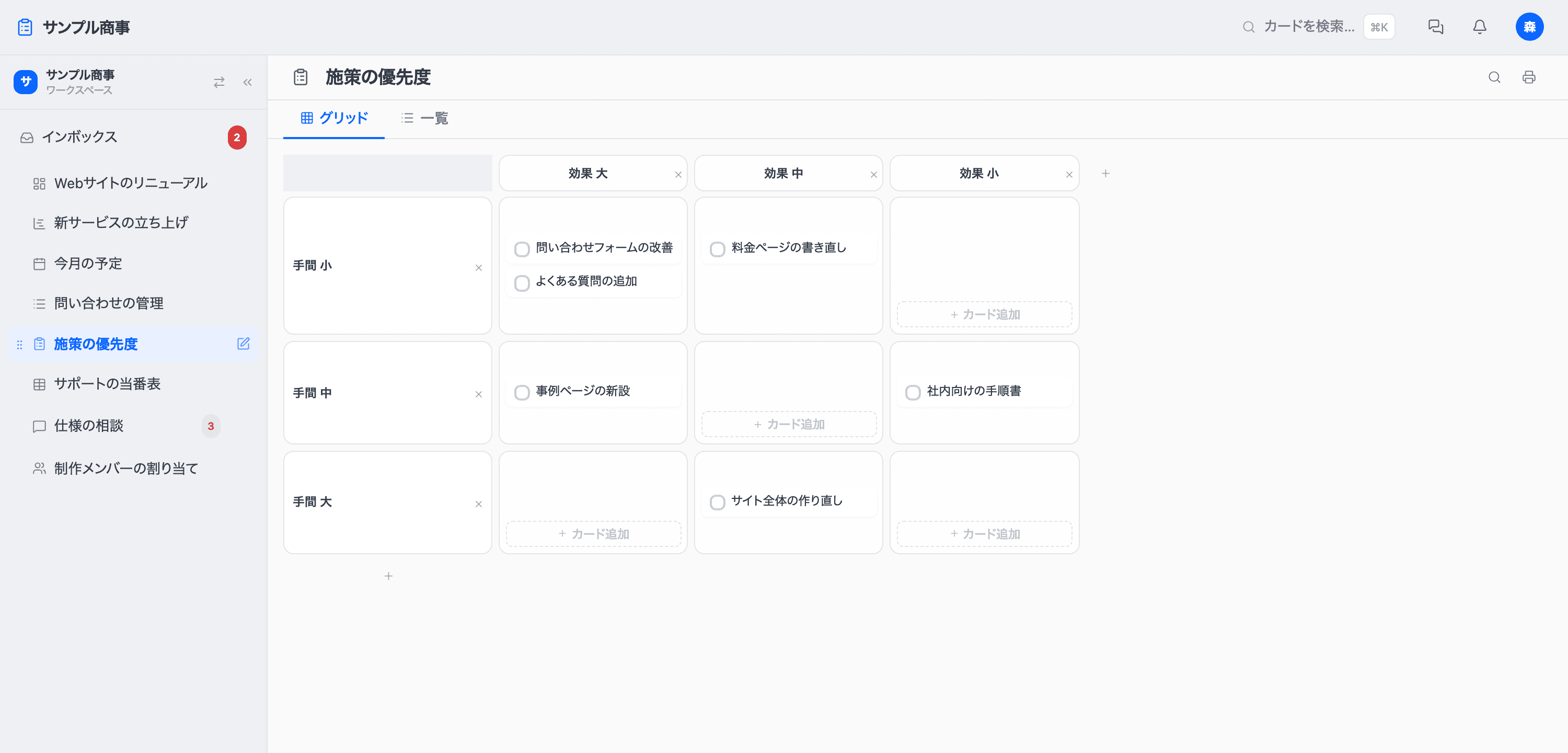 グリッドボードの画面。効果と手間の2軸でカードが置かれている